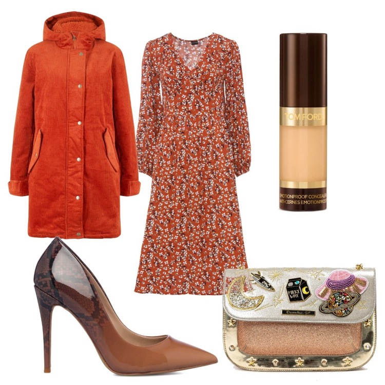 Outfit donna - Trendy tutti i giorni. Stile Trendy per Tutti i giorni. Abbinamento con parka, vestiti midi/longuette, borse a tracolla, correttori, décolleté.