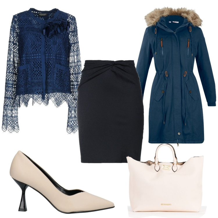 Outfit donna - Gonna blu in ufficio. Stile Chic per Ufficio. Abbinamento con parka, maglieria, décolleté, minigonne, borse a tracolla.