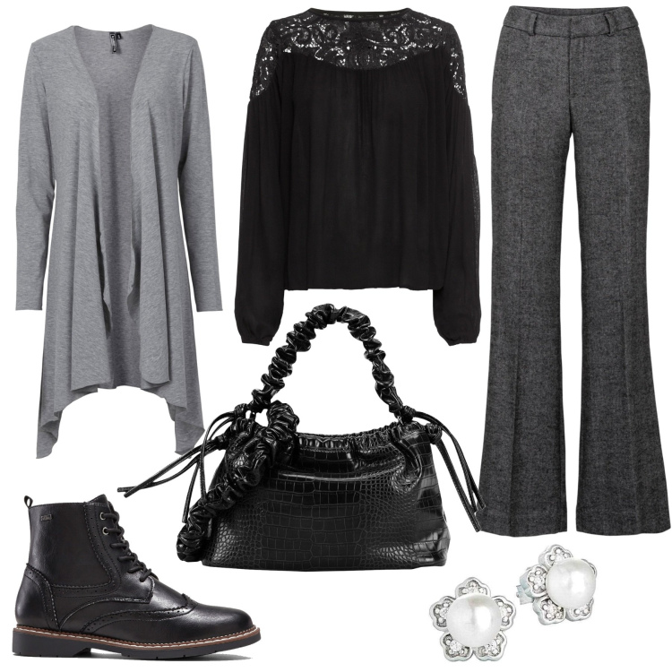 Outfit donna - Il pantalone dal taglio classico. Stile Trendy per Ufficio. Abbinamento con tuniche, pantaloni, cardigans, stivaletti, borse a mano, orecchini.