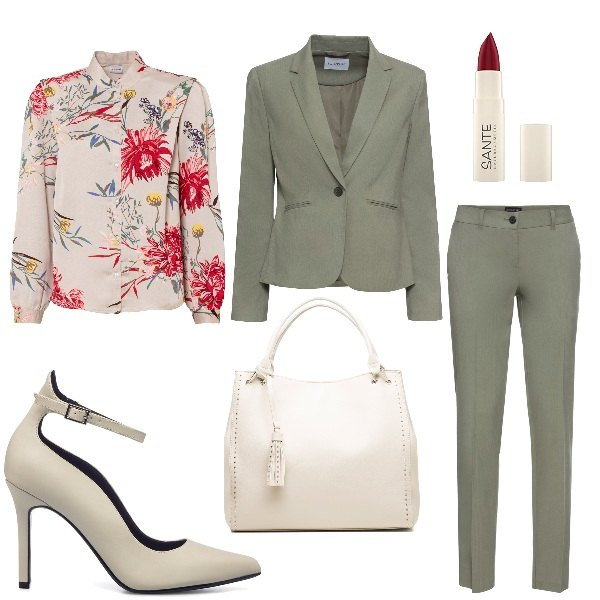 Outfit donna - Riunione con il completo verde. Stile Casual chic per Ufficio. Abbinamento con pantaloni, blazer, camicie, décolleté, borse a spalla, rossetti.