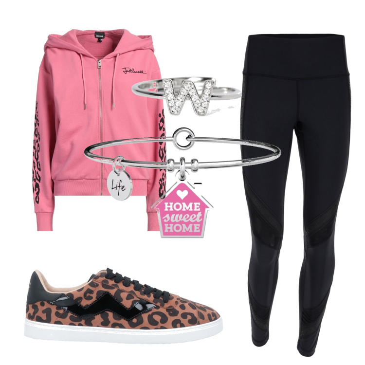 Outfit donna - Total look #1514847. Stile Urban per Tutti i giorni. Abbinamento con felpe con cappuccio, sneakers, anelli, ciondoli, leggings sportivo.
