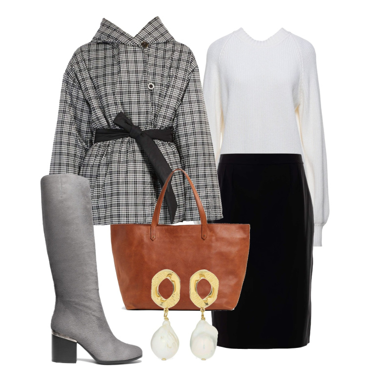 Outfit donna - In zona japan. Stile Minimal per Tutti i giorni. Abbinamento con stivali, pullovers, gonne lunghe, piumini, orecchini, shopping bag.