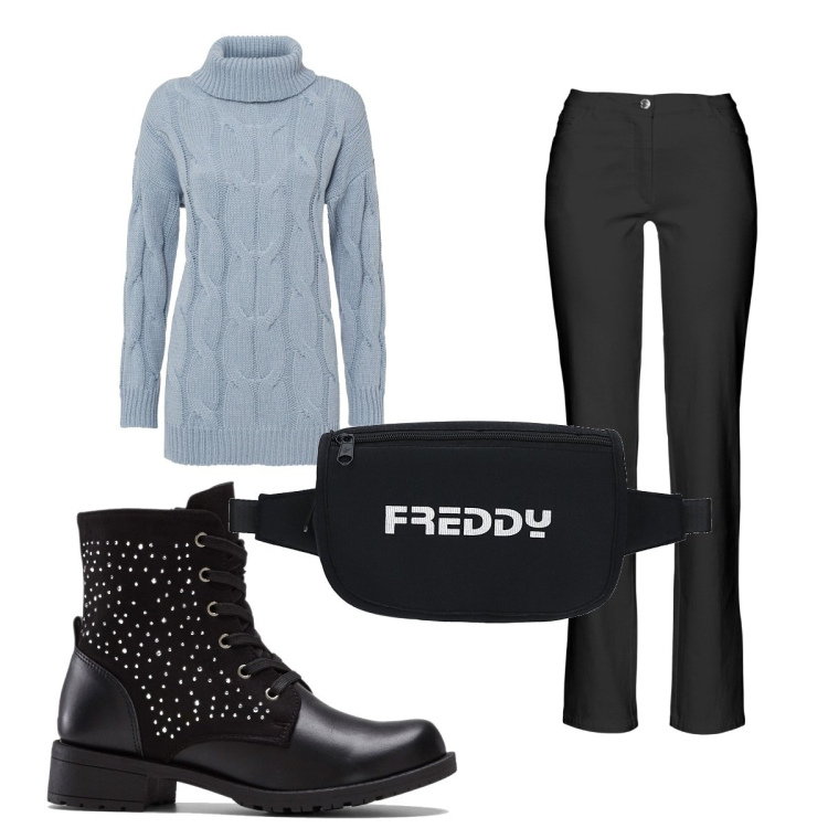 Outfit donna - Total look #1514878. Stile Basic per Tutti i giorni. Abbinamento con pantaloni, maglieria, stivaletti, marsupi.