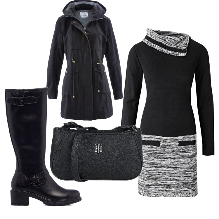 Outfit donna - Total look #1514892. Stile Trendy per Tutti i giorni. Abbinamento con vestiti, parka, borse a tracolla, stivali.