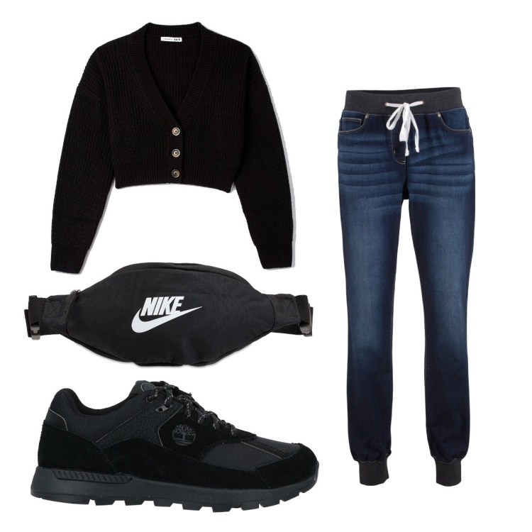 Outfit donna - Total look #1514925. Stile Trendy per Tutti i giorni. Abbinamento con jeans boyfriend, sneakers, cardigans, marsupi.