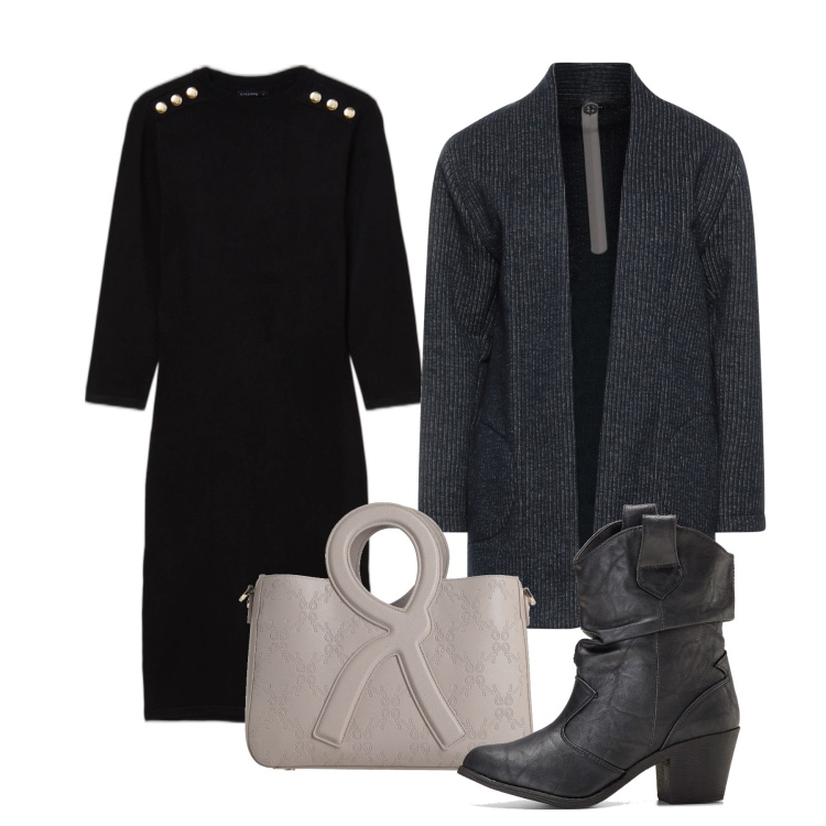 Outfit donna - Bottoni protagonisti. Stile Chic per Serata fuori. Abbinamento con stivaletti texani, borse a mano, cappotti, vestiti.