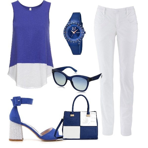 Outfit donna - Basic #13884. Stile Basic per Tutti i giorni. Abbinamento con pantaloni, top blu, sandali, orologio analogico con cinturino blu, borsa a mano a quadri blu, occhiali da sole blu.
