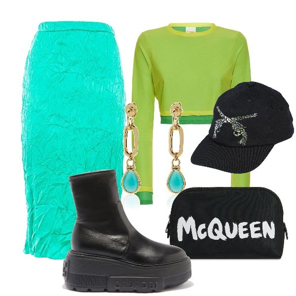 Outfit donna - Tempo di sfilate. Stile Trendy per Tutti i giorni. Abbinamento con cappelli con visiera, orecchini, gonne lunghe, stivaletti, pochette, top.