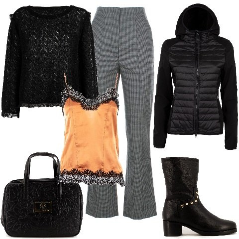 Outfit donna - OFF-MARKET- Speciale SALDI INVENALI. Stile Chic per Serata fuori. Abbinamento con pantaloni, piumini, maglieria, top, borse a tracolla, stivaletti texani.