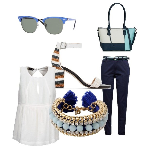 Outfit donna - W&B. Stile Bon Ton per Ufficio. Abbinamento con bracciale con strass e perline con gancetto, top bianco, borsa blu, occhiali da sole, pantalone navy, sandali con cinturino fantasia con fibbia open toe in tessuto.