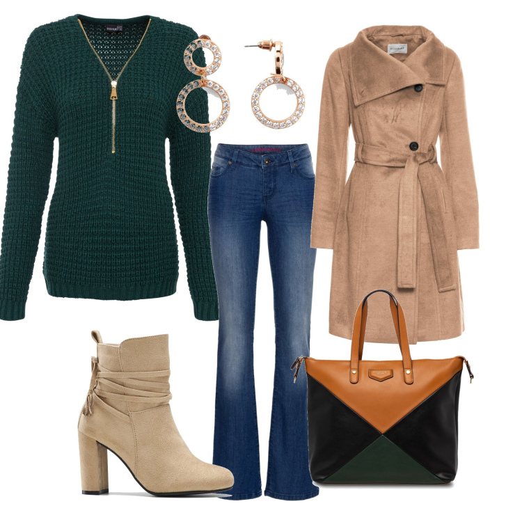 Outfit donna - Verde petrolio. Stile Casual per Ufficio. Abbinamento con maglieria, jeans bootcut, cappotti, stivaletti, orecchini, borse a spalla.