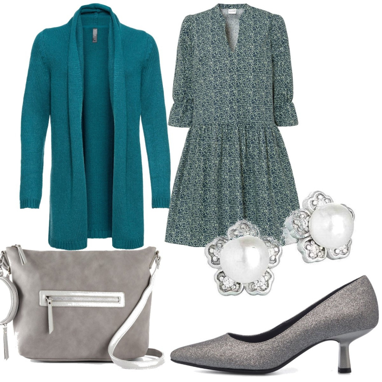 Outfit donna - Cardigan verde petrolio. Stile Casual chic per Tutti i giorni. Abbinamento con cardigans, vestiti, borse a tracolla, orecchini, décolleté.