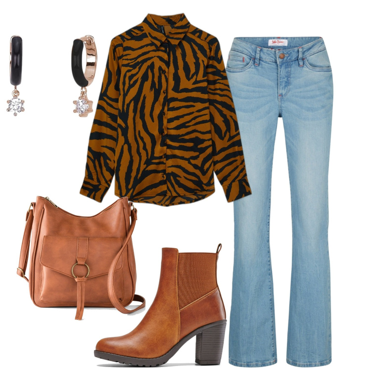 Outfit donna - In città. Stile Vintage retrò per Tutti i giorni. Abbinamento con jeans bootcut, borse a tracolla, stivaletti, orecchini, camicie.