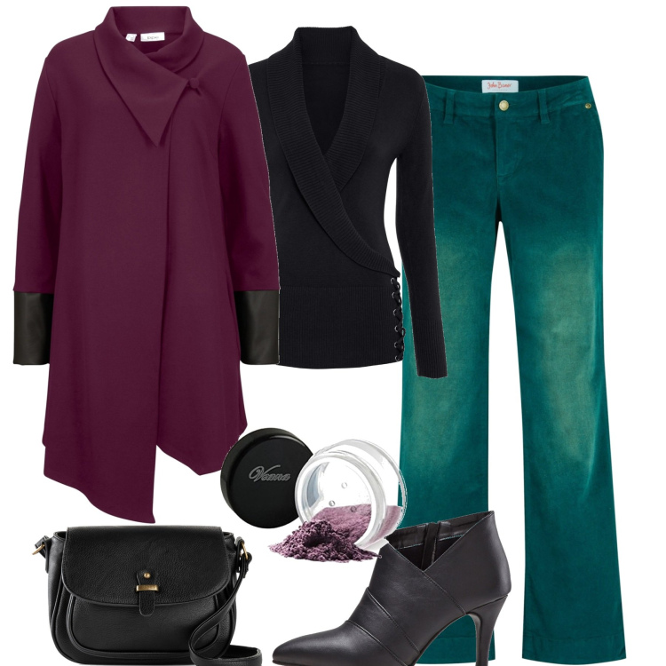 Outfit donna - In città. Stile Trendy per Tutti i giorni. Abbinamento con pantaloni, cardigans, borse a tracolla, stivaletti, maglieria, ombretti.