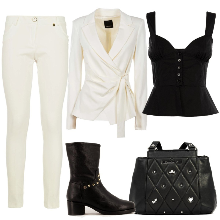 Outfit donna - Black and white. Stile Casual chic per Serata fuori. Abbinamento con giacche, borse a mano, pantaloni, stivaletti texani, top.