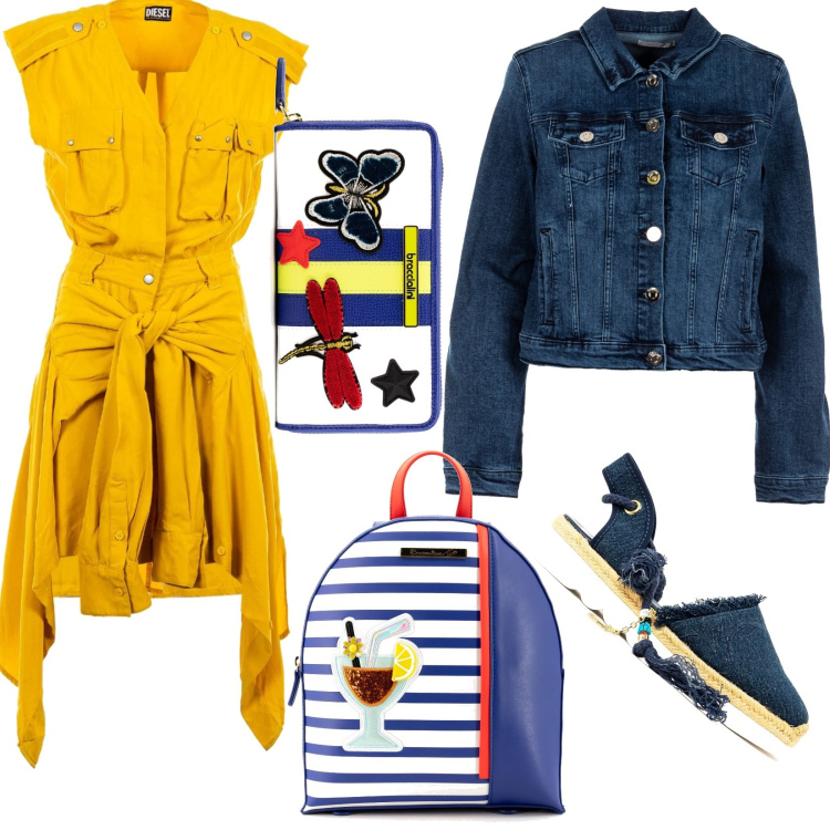 Outfit donna - Free Time. Stile Casual per Tutti i giorni. Abbinamento con vestiti corti, infradito, portafogli, zaini, giacche.