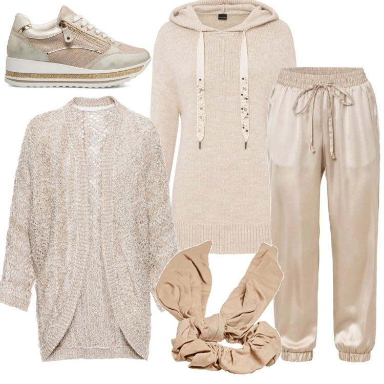 Outfit donna - Comoda a casa in beige. Stile Basic per Tutti i giorni. Abbinamento con pantaloni, pantalone, cardigans, sneakers, fasce per capelli.