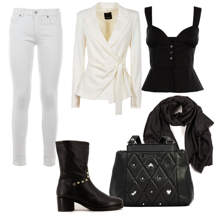 Outfit donna - Total look black and white. Stile Casual chic per Tutti i giorni. Abbinamento con borse a mano, jeans, stivaletti texani, sciarpe, giacche, top.