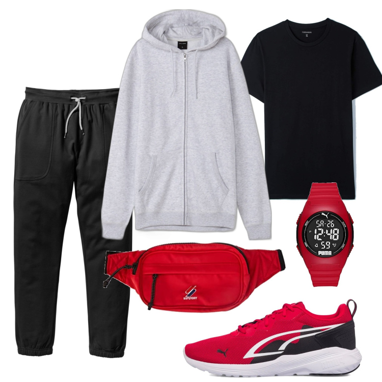 Outfit uomo - Corsetta. Stile Casual per Sport. Abbinamento con pantaloni sportivi, t-shirt, felpe con cappuccio, sneakers, orologi digitali, borse sportive.
