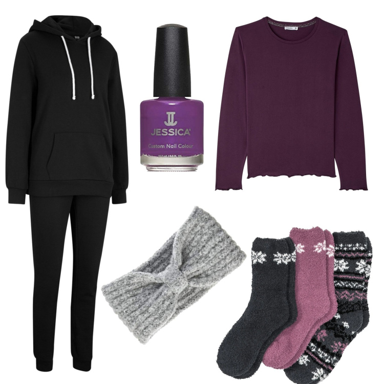 Outfit donna - Super comfy per casa. Stile Basic per Tutti i giorni. Abbinamento con tute sportive, calzini, t-shirt, fasce per capelli, smalti.