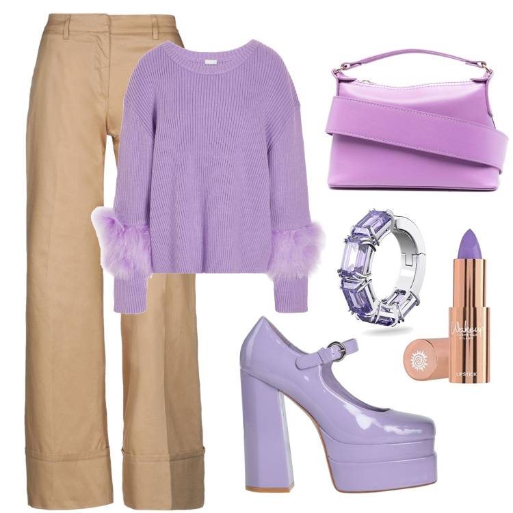 Outfit donna - Tenue color lavanda. Stile Casual chic per Tutti i giorni. Abbinamento con décolleté, pullovers, pantaloni, borse tote, orecchini, rossetti.