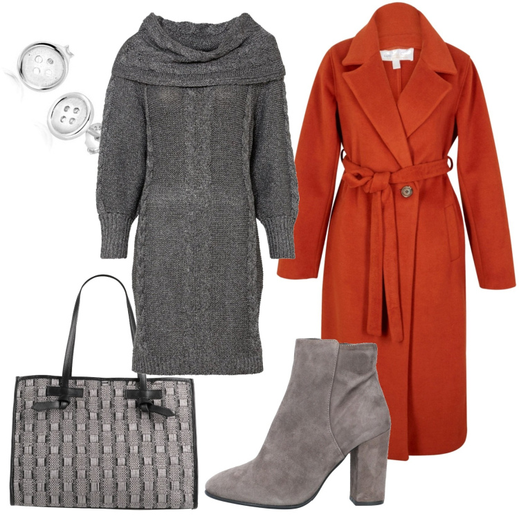 Outfit donna - Vestito per l\'inverno. Stile Basic per Serata fuori. Abbinamento con borse a mano, stivaletti, shopping bag, cappotti, orecchini.