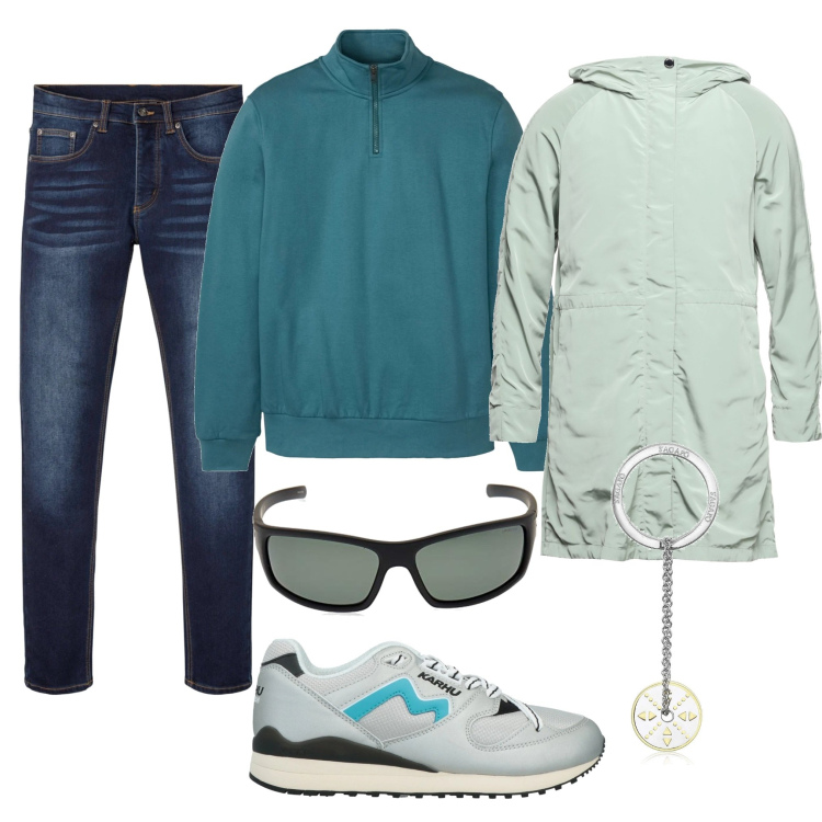Outfit uomo - Inverno e sole. Stile Casual per Tutti i giorni. Abbinamento con felpe, jeans slim fit, cappotti, sneakers, portachiavi, occhiali da sole.