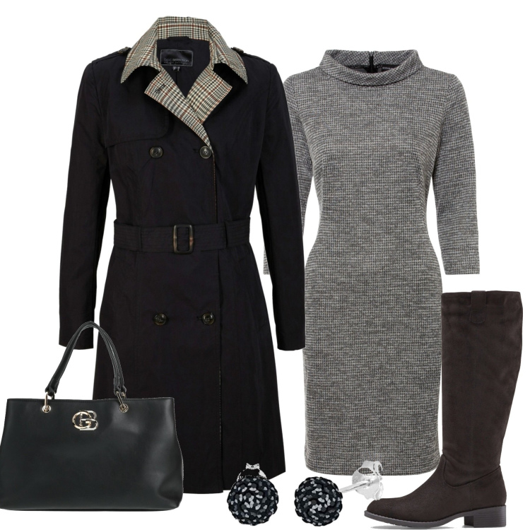 Outfit donna - In città. Stile Casual chic per Tutti i giorni. Abbinamento con stivali, vestiti, trench, borse a mano, orecchini.