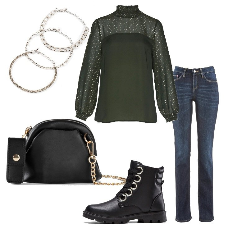 Outfit donna - Jeans e tunica in chiffon. Stile Casual chic per Tutti i giorni. Abbinamento con jeans dritti, tuniche, stivaletti, borse a tracolla, braccialetti.