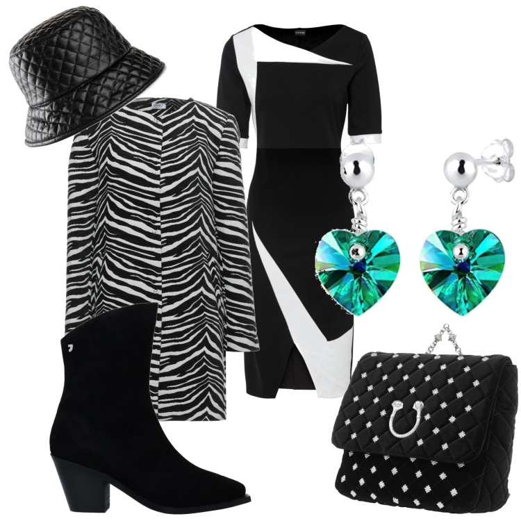 Outfit donna - Shot of light. Stile Chic per Serata fuori. Abbinamento con vestiti a tubino, cappelli con visiera, cappotti, stivaletti, zaini, orecchini.