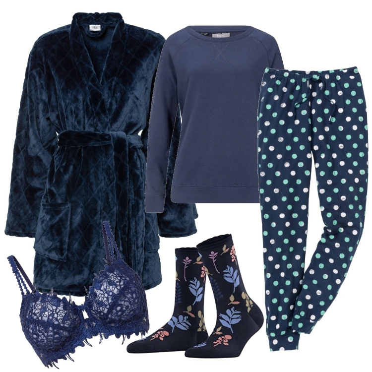 Outfit donna - Pois e fiorellini notturni. Stile Casual per Tutti i giorni. Abbinamento con pigiama, felpe, vestaglie, reggiseni, calzini.