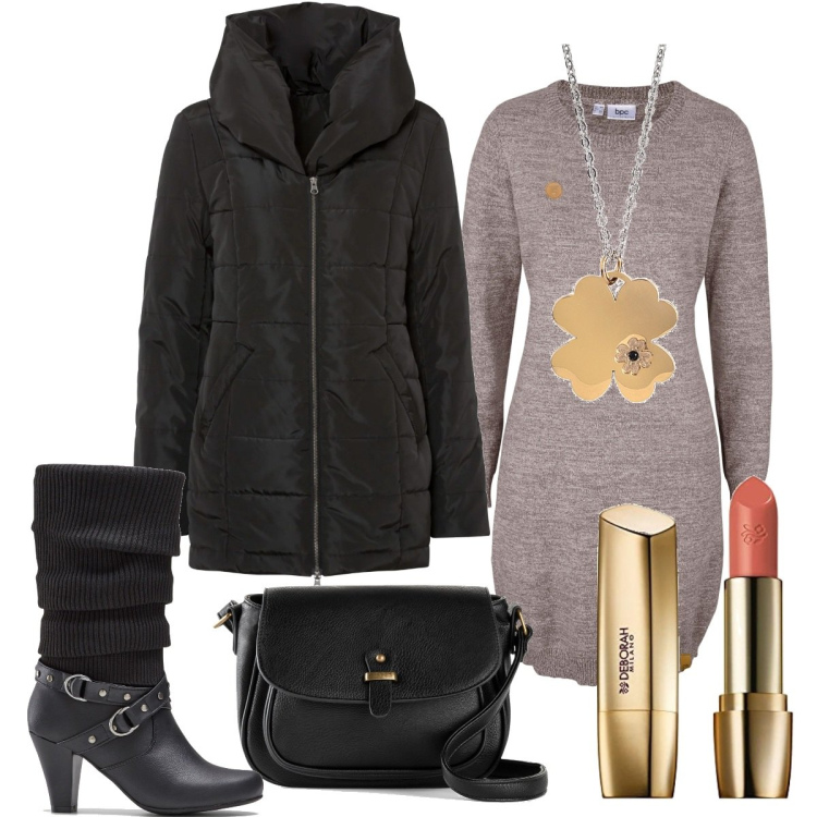 Outfit donna - L\'abito a palloncino. Stile Casual per Tutti i giorni. Abbinamento con stivali, giacche, vestiti, borse a tracolla, ciondoli, rossetti.