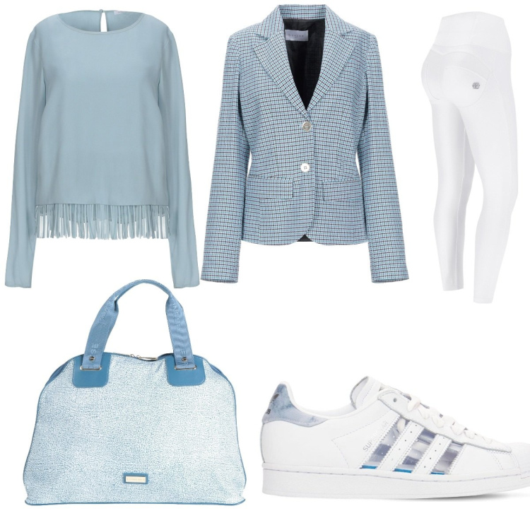 Outfit donna - Azzurro azzurro. Stile Urban per Ufficio. Abbinamento con bluse, blazer, borse a mano, pantaloni skinny, sneakers.
