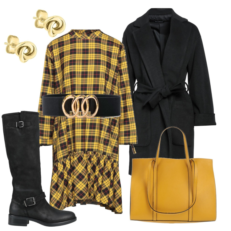 Outfit donna - Tartan giallo carico. Stile Chic per Tutti i giorni. Abbinamento con cinture, stivali, borse a mano, cappotti, vestiti corti, orecchini.