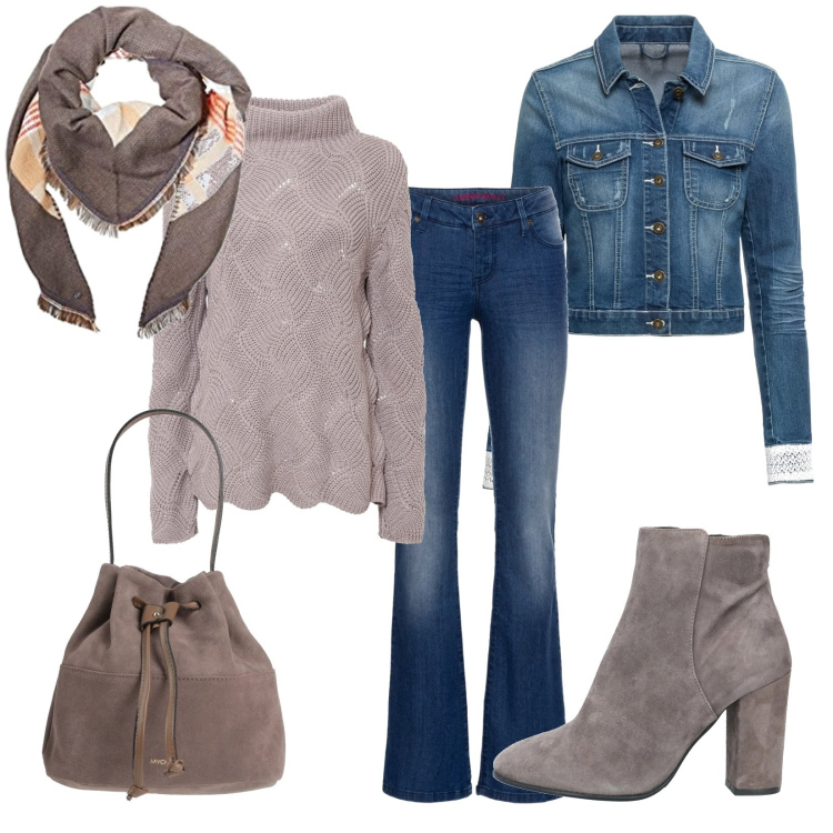 Outfit donna - Fashion di giorno. Stile Casual per Tutti i giorni. Abbinamento con jeans bootcut, maglieria, blazer, stivaletti, borse a mano, sciarpe.