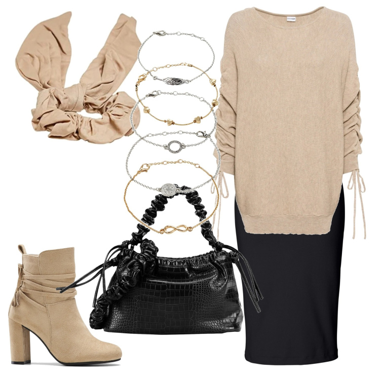Outfit donna - Lacci e legami. Stile Casual chic per Ufficio. Abbinamento con gonne longuette, braccialetti con ciondoli, maglieria, stivaletti, borse a mano, fasce per capelli.