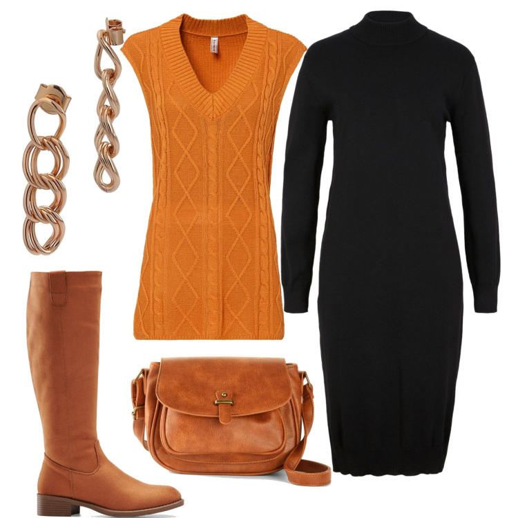 Outfit donna - Il gilet crochet. Stile Basic per Tutti i giorni. Abbinamento con stivali, borse a tracolla, maglieria, vestiti midi/longuette, orecchini.