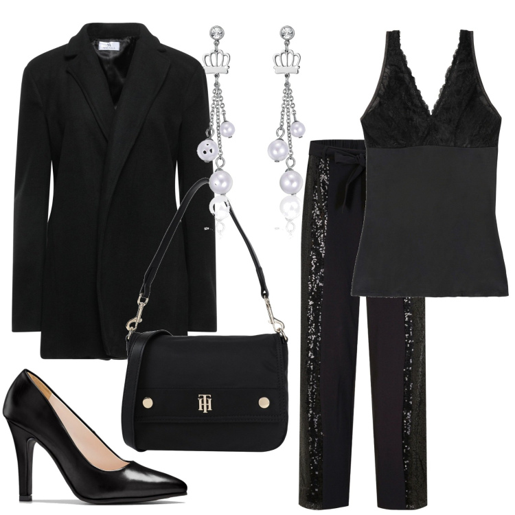 Outfit donna - Sera nera. Stile Basic per Serata fuori. Abbinamento con top, pantaloni, décolleté, blazer, borse a mano, orecchini.