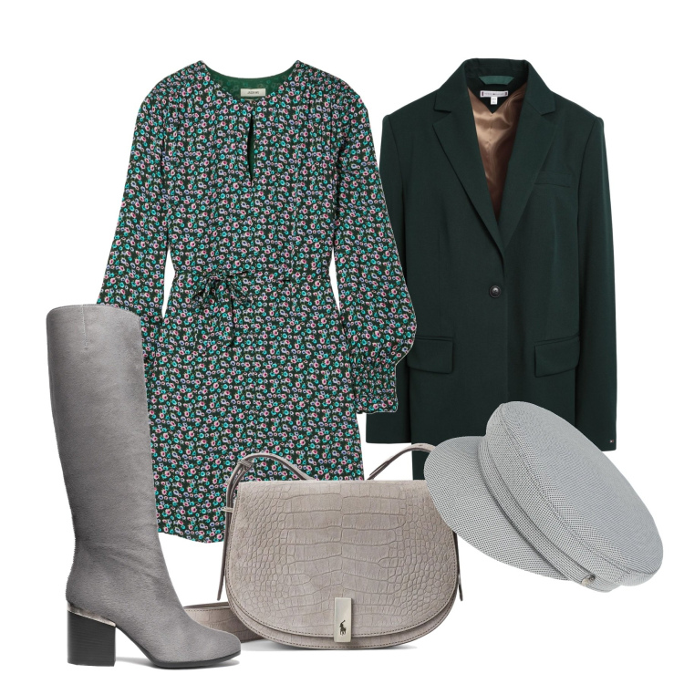 Outfit donna - A pranzo dai cugini. Stile Bon Ton per Tutti i giorni. Abbinamento con stivali, vestiti corti, blazer, cappelli, borse a tracolla.