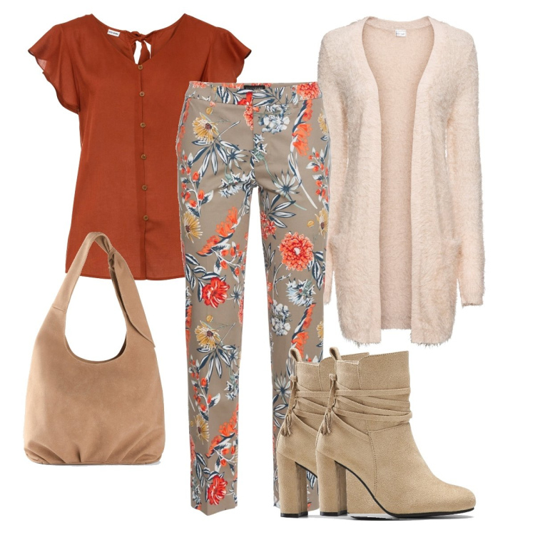 Outfit donna - Il pantalone a fiori. Stile Casual per Tutti i giorni. look ideale per Tall. Abbinamento con pantaloni, maglieria, stivaletti, cardigans, borse a tracolla.