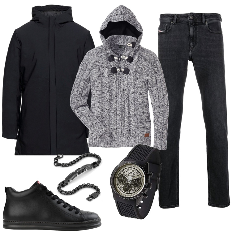 Outfit uomo - Dalla tuta ai jeans. Stile Casual per Serata speciale. Abbinamento con maglieria, sneakers, cappotti, braccialetti, jeans skinny, orologi.