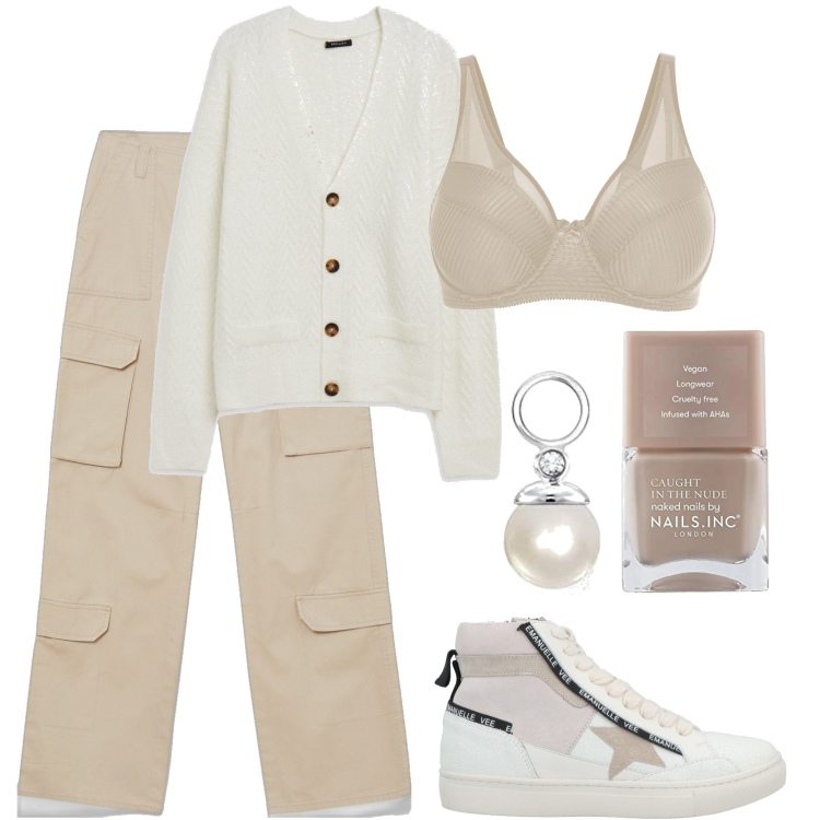 Outfit donna - Neutral colors. Stile Casual chic per Tutti i giorni. Abbinamento con reggiseni, sneakers, cardigans, pantaloni cargo, orecchini, smalti.