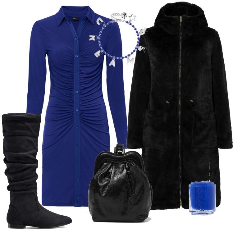 Outfit donna - Doppia increspatura. Stile Chic per Serata fuori. Abbinamento con stivali, vestiti, ecopellicce, braccialetti, pochette, smalti.