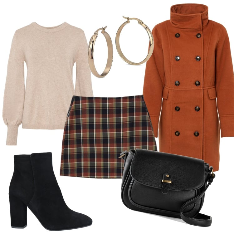 Outfit donna - Passeggiata al centro. Stile Casual per Tutti i giorni. Abbinamento con stivaletti, maglieria, cappotti, stivali, orecchini, gonne.