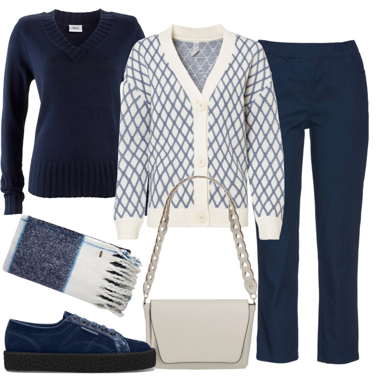 Outfit donna - Giometrie blu. Stile Basic per Tutti i giorni. Abbinamento con pantaloni, cardigans, maglieria, borse a mano, sneakers, sciarpe.
