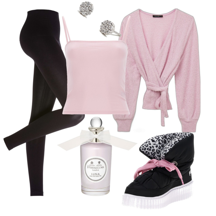Outfit donna - La mia confort zone. Stile Sporty chic per Tutti i giorni. Abbinamento con leggings, orecchini, cardigans, stivali sopra il ginocchio, canottiere, profumi.