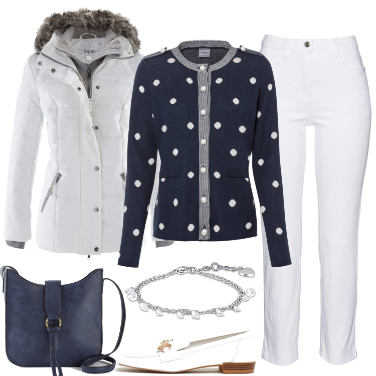 Outfit donna - Bianco neve. Stile Basic per Tutti i giorni. Abbinamento con piumini, pantaloni, cardigans, borse a tracolla, braccialetti, mocassini.