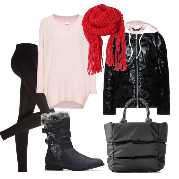 Outfit donna - Black with Red & Rose. Stile Casual per Tutti i giorni. Abbinamento con leggings, maglieria, stivali, borse a mano, giacche, sciarpe.