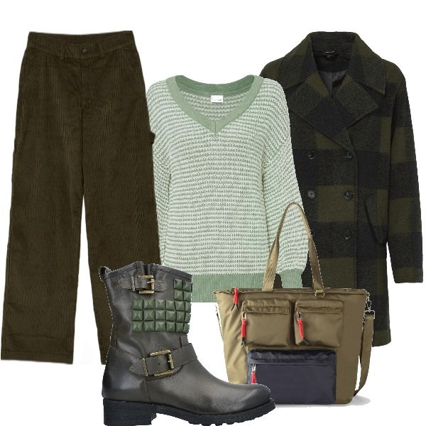 Outfit donna - Giornata fredda nei toni del verde. Stile Trendy per Tutti i giorni. Abbinamento con stivaletti, ballerine, maglieria, shopping bag, pantaloni.
