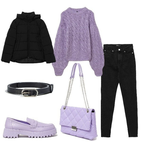 Outfit donna - Saldi Calliope in nero e lilla. Stile Basic per Tutti i giorni. Abbinamento con cinture, maglieria, jeans skinny, piumini, mocassini, borse a spalla.